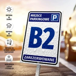 Tabliczka parkingowa: Miejsce parkingowe zarezerwowane, z oznaczeniem, numerem