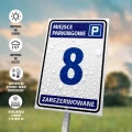 Tabliczka parkingowa: Miejsce parkingowe zarezerwowane, z oznaczeniem, numerem