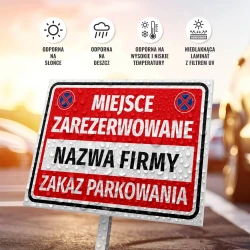 Tabliczka parkingowa: Miejsce zarezerwowane z polem na nazwę firmy, zakaz parkowania