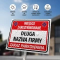 Tabliczka parkingowa: Miejsce zarezerwowane z polem na nazwę firmy, zakaz parkowania