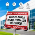 Tabliczka parkingowa: Miejsce zarezerwowane z polem na nazwę firmy, zakaz parkowania