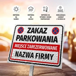 Tabliczka parkingowa: Zakaz parkowania, miejsce zarezerwowane, z polem na nazwę firmy