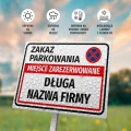 Tabliczka parkingowa: Zakaz parkowania, miejsce zarezerwowane, z polem na nazwę firmy