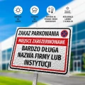 Tabliczka parkingowa: Zakaz parkowania, miejsce zarezerwowane, z polem na nazwę firmy