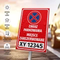 Tabliczka parkingowa: Zakaz parkowania, miejsce zarezerwowane, z polem na nr rejestracyjny