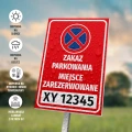 Tabliczka parkingowa: Zakaz parkowania, miejsce zarezerwowane, z polem na nr rejestracyjny