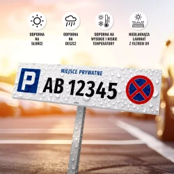 Tabliczka parkingowa: numer rejestracyjny, miejsce prywatne