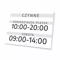 Tabliczka: czynne wraz z określeniem dni i godzin handlu