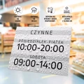 Tabliczka: czynne wraz z określeniem dni i godzin handlu