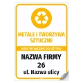 Naklejka na kosz z odpadami: metalei tworzywa sztuczne, wyłącznie do użytku - adres i nazwa firmy