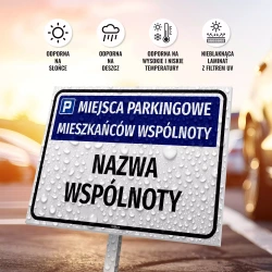 Tabliczka: Miejsca parkingowe mieszkańców wspólnoty z nazwą