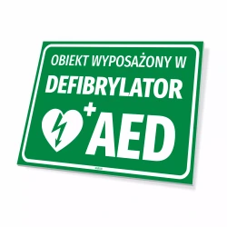 Tabliczka: Obiekt wyposażony w defibrylator AED