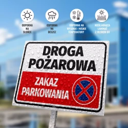 Tabliczka: Droga pożarowa, zakaz parkowania