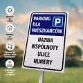 Tabliczka: Parking dla mieszkańców z nazwą wspólnoty, spółdzielni