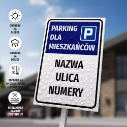 Tabliczka: Parking dla mieszkańców z nazwą wspólnoty, spółdzielni