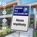 Tabliczka: Parking dla mieszkańców z nazwą wspólnoty, spółdzielni