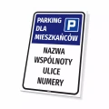 Tabliczka: Parking dla mieszkańców z nazwą wspólnoty, spółdzielni
