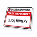 Tabliczka: Zakaz parkowania teren wspólnoty z nazwą