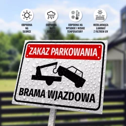 Tabliczka: Zakaz parkowania, brama wjazdowa