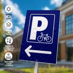 Tabliczka parkingowa: Parking dla rowerów, strzałka w lewo