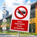 Tabliczka parkingowa: Zakaz parkowania tyłem do budynku