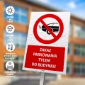 Tabliczka parkingowa: Zakaz parkowania tyłem do budynku