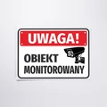 Naklejka Uwaga obiekt monitorowany z czerwonym paskiem i symbolem kamery na białym tle