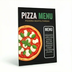 Tablica kredowa z przykładowym nadrukiem menu pizzerii i grafiką pizzy w ujęciu pokazującym grubość płyty