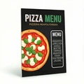Tablica kredowa z przykładowym nadrukiem menu pizzerii i grafiką pizzy w ujęciu pokazującym grubość płyty