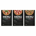 Tablica kredowa z przykładowym nadrukiem menu pizzerii i grafiką pizzy w trzech wariantach na białym tle