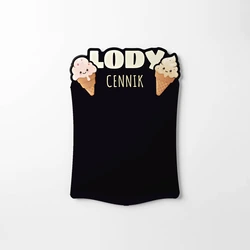 Czarna kształtowa tablica kredowa z nadrukiem Lody cennik i rożkami lodów u góry