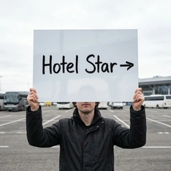 Tabliczka suchościeralna A3 z przykładowym napisem Hotel Star i strzałką trzymana przez mężczyznę na parkingu