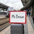 Tabliczka suchościeralna w czerwonej ramce z napisem Mr. Brown trzymana na peronie kolejowym obok walizki