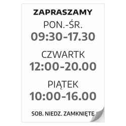 Naklejka na drzwi - godziny, dni, zapraszamy
