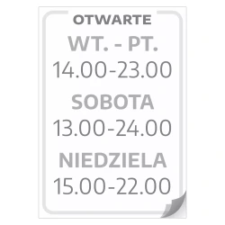 Naklejka na drzwi - otwarte, godziny i dni