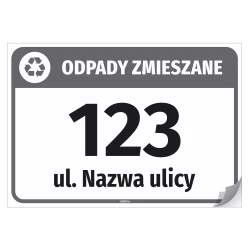 Naklejka na kosz: Odpady zmieszane, ulica, numer domu, adres