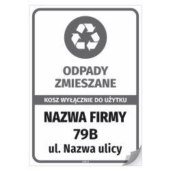 Naklejka na kosz: odpady zmieszane, wyłącznie do użytku - adres i nazwa firmy