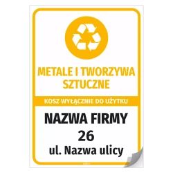 Naklejka na kosz z odpadami: metalei tworzywa sztuczne, wyłącznie do użytku - adres i nazwa firmy
