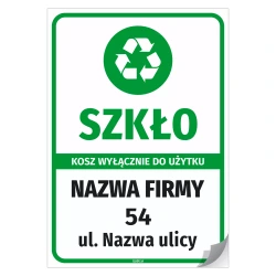 Naklejka na kosz z odpadami: szkło, wyłącznie do użytku - adres i nazwa firmy