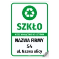 Naklejka na kosz z odpadami: szkło, wyłącznie do użytku - adres i nazwa firmy