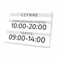 Tabliczka: czynne wraz z określeniem dni i godzin handlu