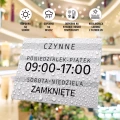 Tabliczka: czynne wraz z określeniem dni i godzin handlu