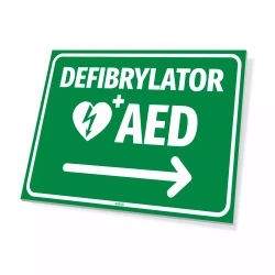 Tabliczka: defibrylator AED, strzałka w prawo