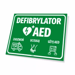 Tabliczka: defibrylator AED z piktogramami pomocy