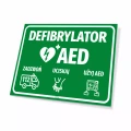 Tabliczka: defibrylator AED z piktogramami pomocy