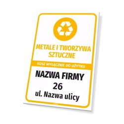Tabliczka do oznaczania kosza na odpady - metale i tworzywa sztuczne, kosz wyłącznie do użytku: nazwa firmy, adres