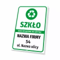 Tabliczka do oznaczania kosza na odpady - szkło, kosz wyłącznie do użytku: nazwa firmy, adres