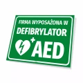 Tabliczka: firma wyposażona w defibrylator AED