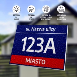 Tabliczka na budynek: z miastem, ulicą, numerem