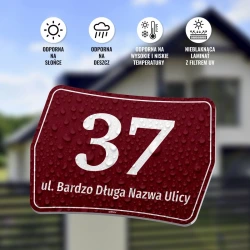 Tabliczka na dom z numerem i ulicą, na budynek, posesję, ogrodzenie
